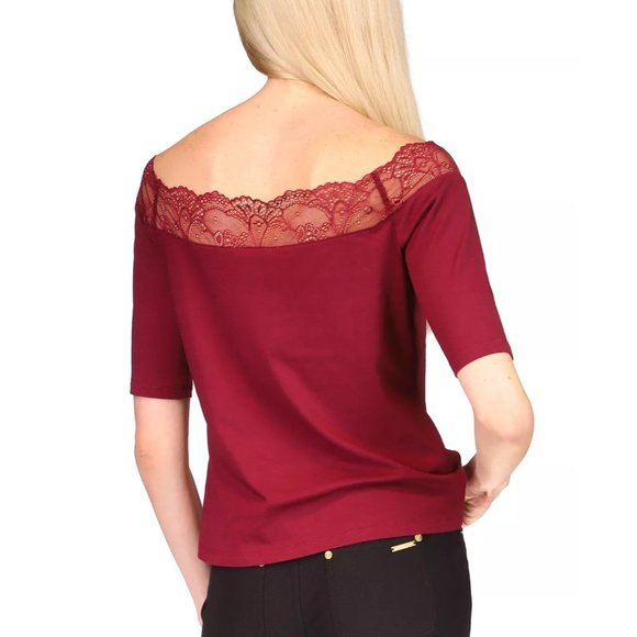 MICHAEL MICHAEL KORS Petite Lace-Trim Off-The-Shoulder Top in Dark Ruby - Large - Picture 2 of 6